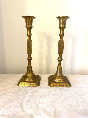 Pair of Vintage Gold Coloured Square Based  Candlesticks